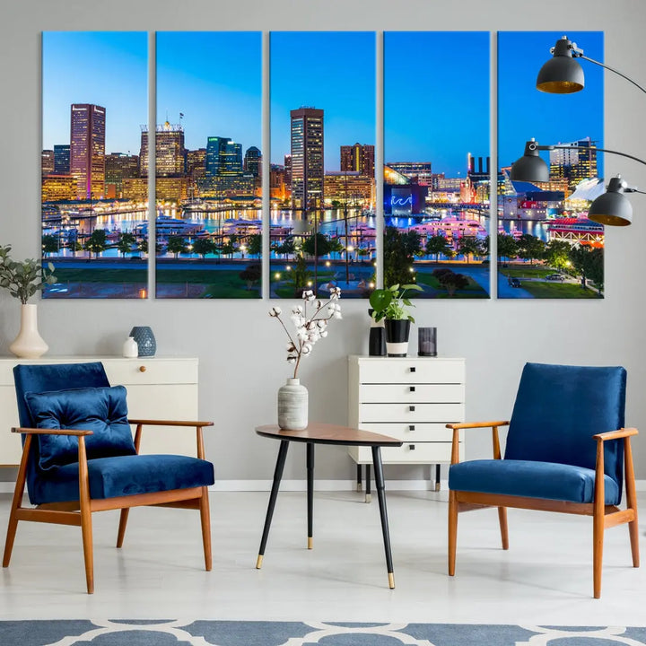 Baltimore City Lights Blue Skyline Large Wall Art Print Canvas Decor