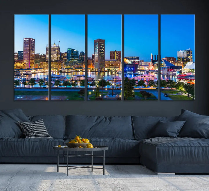 Baltimore City Lights Blue Skyline Large Wall Art Print Canvas Decor