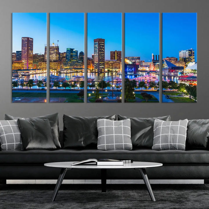 Baltimore City Lights Blue Skyline Large Wall Art Print Canvas Decor