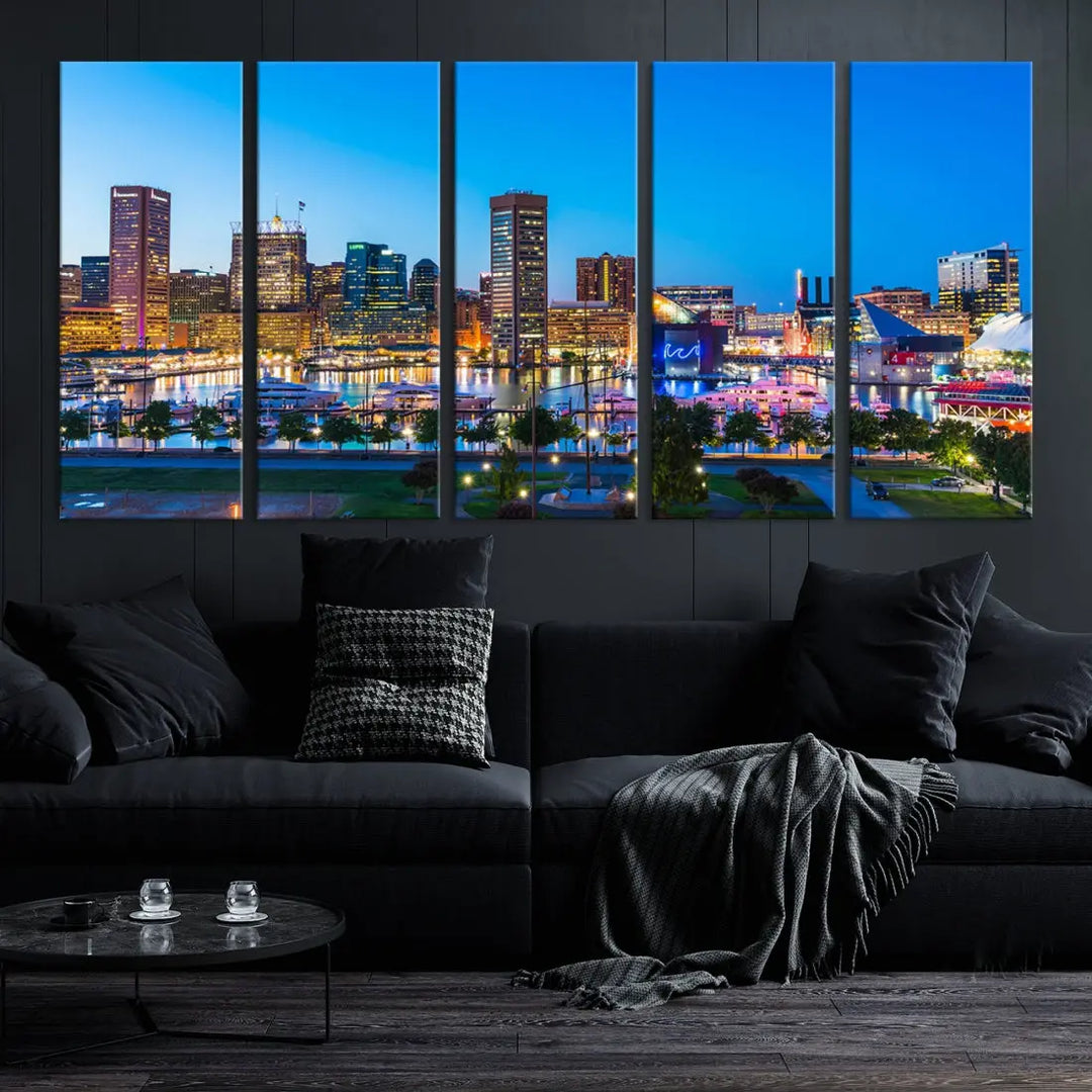 Baltimore City Lights Blue Skyline Large Wall Art Print Canvas Decor