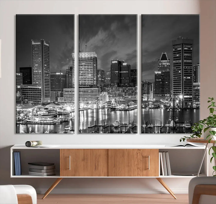 Baltimore City Lights Night Skyline Canvas Black and White Wall Art Print