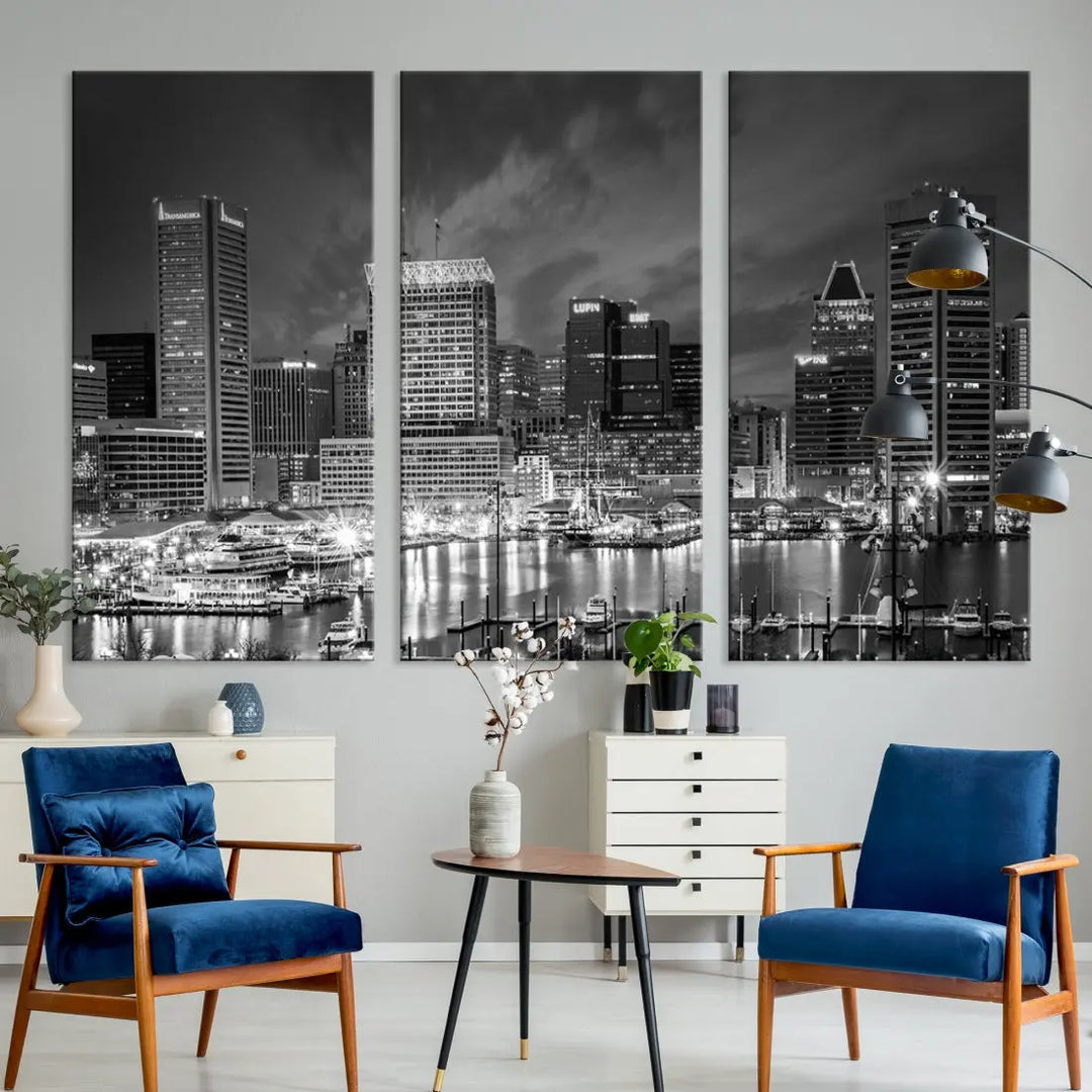 Baltimore City Lights Night Skyline Canvas Black and White Wall Art Print