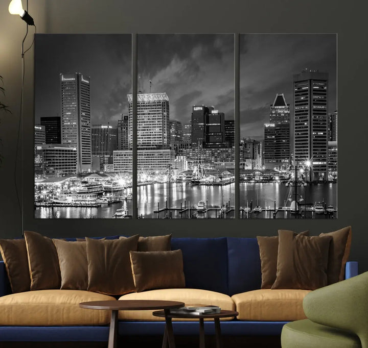 Baltimore City Lights Night Skyline Canvas Black and White Wall Art Print