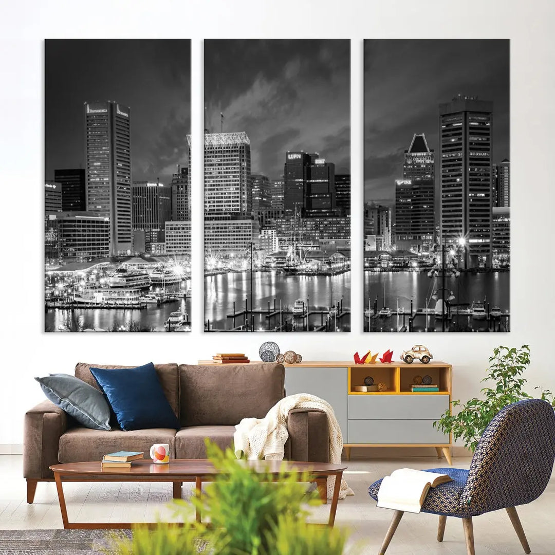 Baltimore City Lights Night Skyline Canvas Black and White Wall Art Print