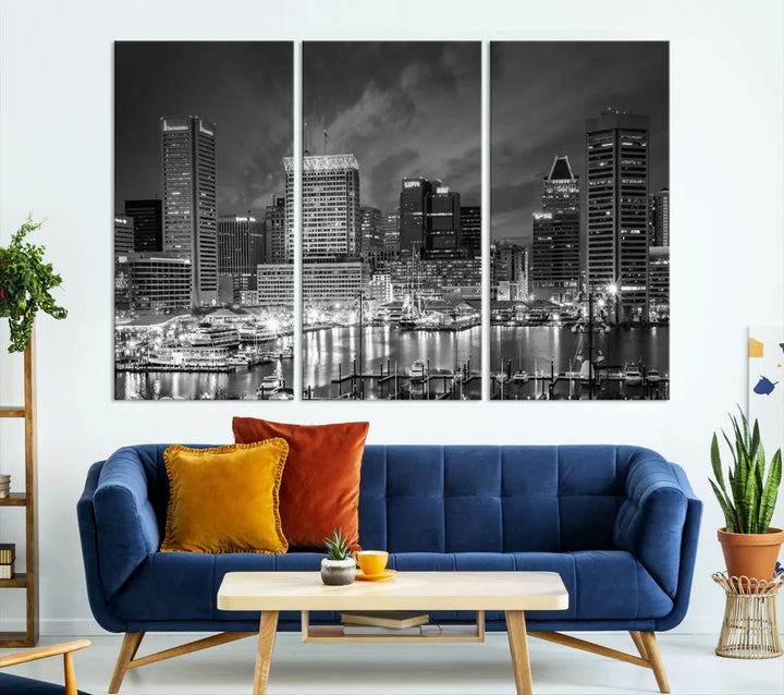 Baltimore City Lights Night Skyline Canvas Black and White Wall Art Print