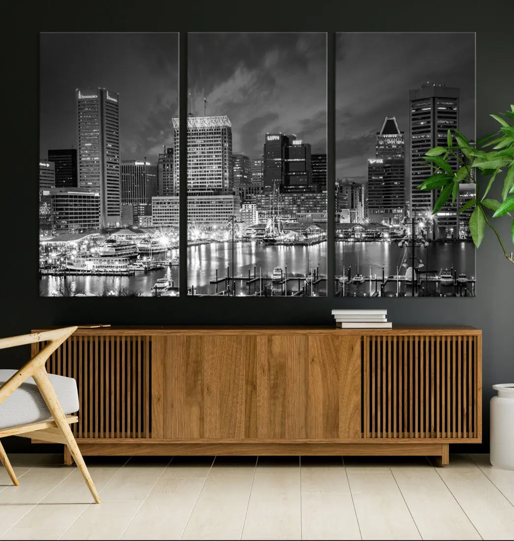 Baltimore City Lights Night Skyline Canvas Black and White Wall Art Print