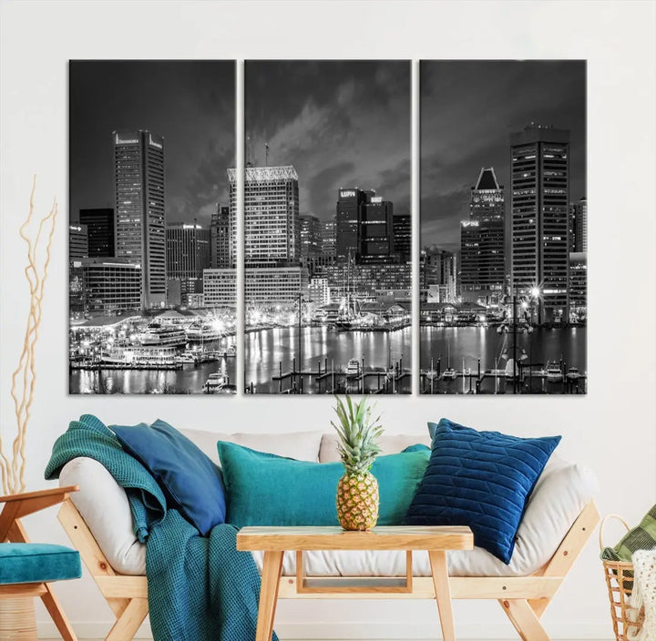 Baltimore City Lights Night Skyline Canvas Black and White Wall Art Print