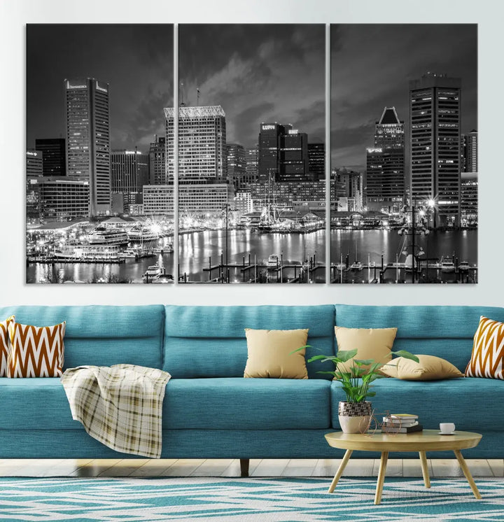 Baltimore City Lights Night Skyline Canvas Black and White Wall Art Print