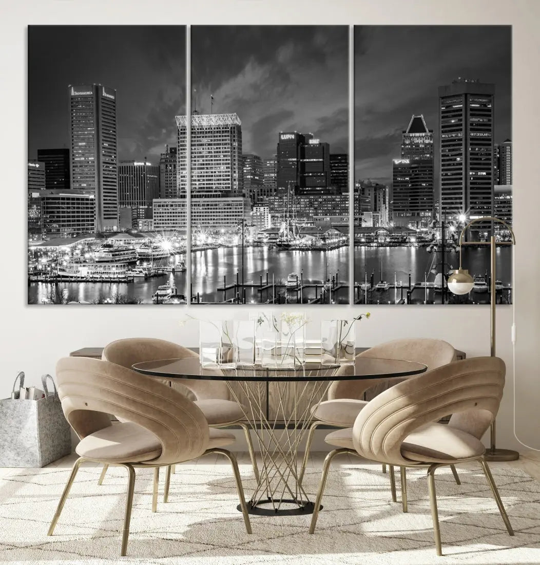 Baltimore City Lights Night Skyline Canvas Black and White Wall Art Print