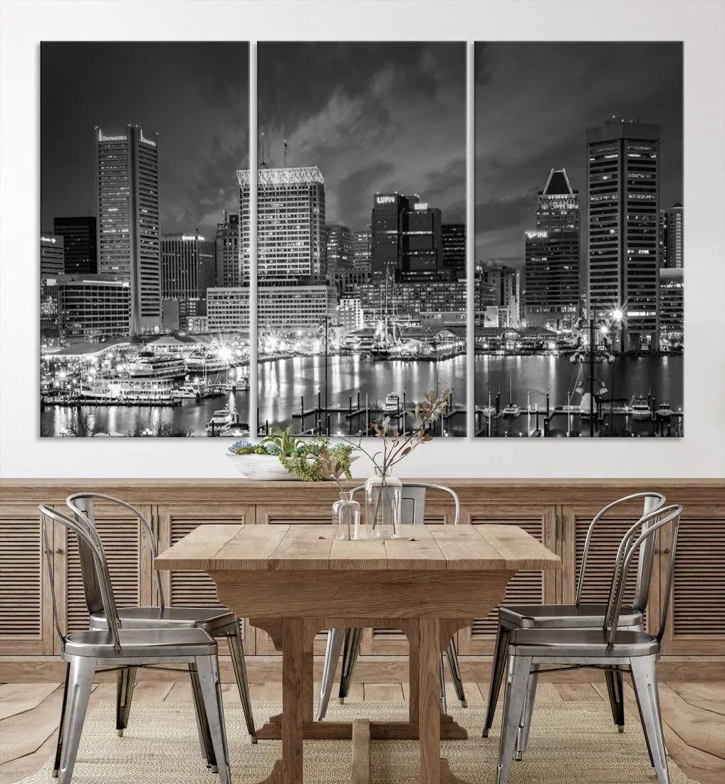 Baltimore City Lights Night Skyline Canvas Black and White Wall Art Print