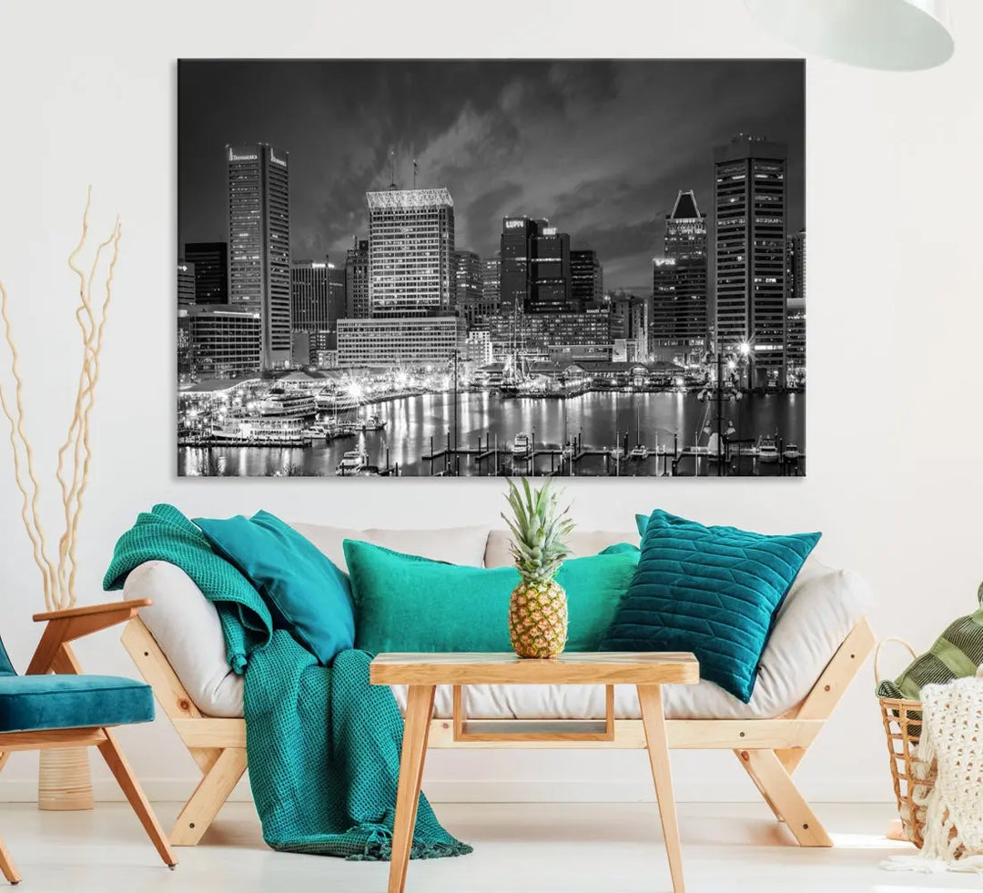 Baltimore City Lights Night Skyline Canvas Black and White Wall Art Print