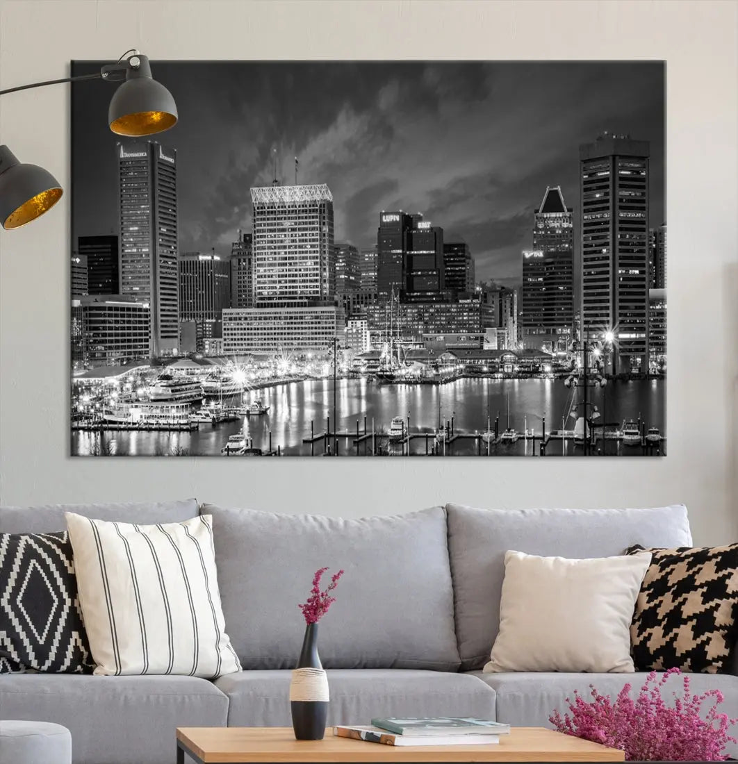 Baltimore City Lights Night Skyline Canvas Black and White Wall Art Print