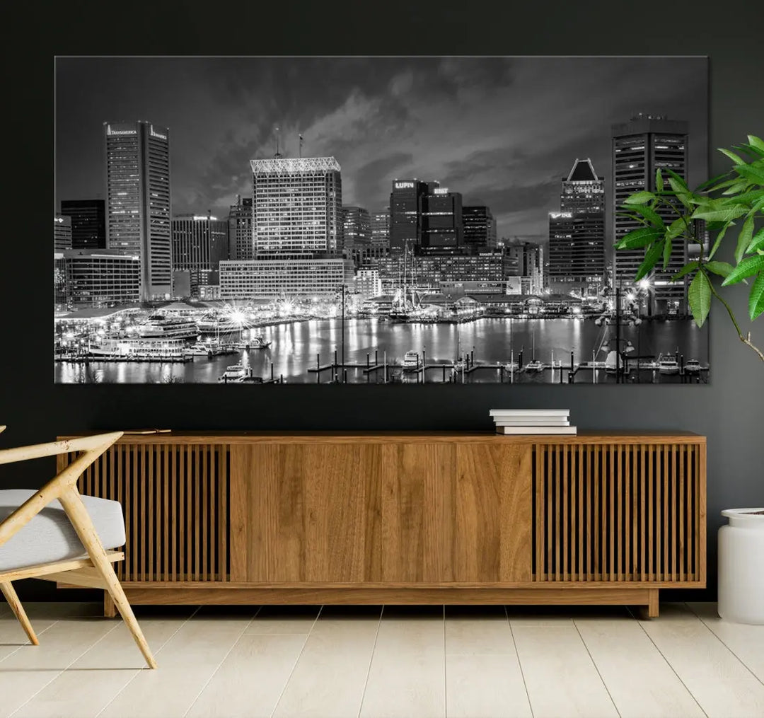 Baltimore City Lights Night Skyline Canvas Black and White Wall Art Print