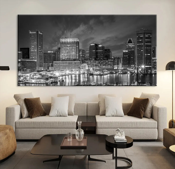 Baltimore City Lights Night Skyline Canvas Black and White Wall Art Print