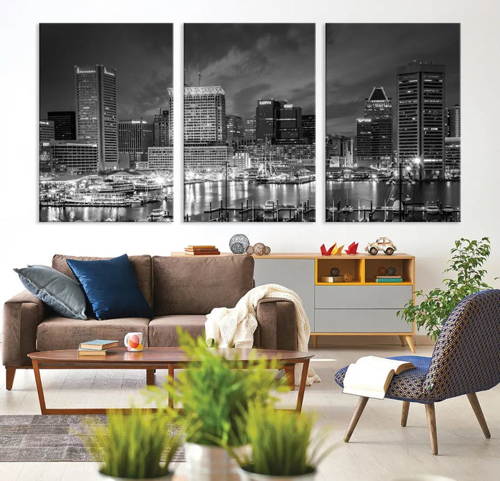 Baltimore City Lights Night Skyline Canvas Black and White Wall Art Print