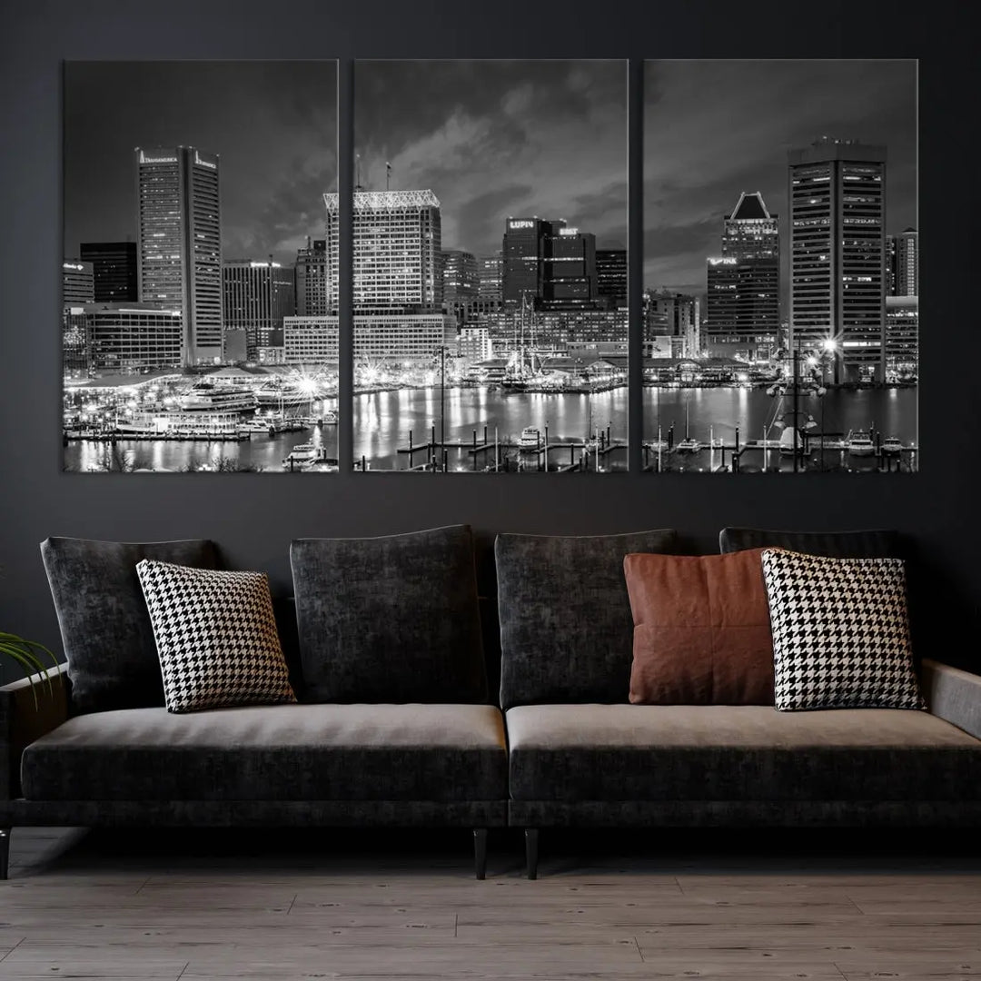 Baltimore City Lights Night Skyline Canvas Black and White Wall Art Print