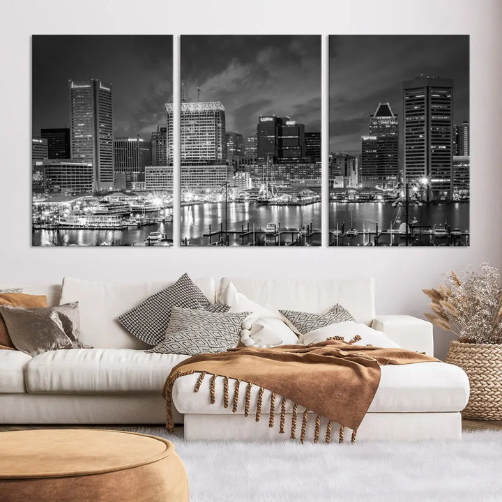 Baltimore City Lights Night Skyline Canvas Black and White Wall Art Print