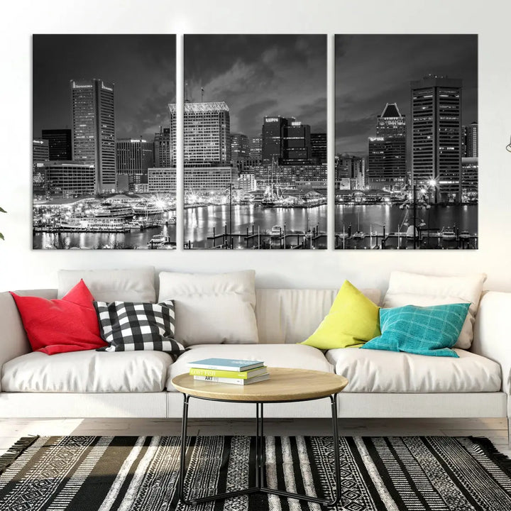 Baltimore City Lights Night Skyline Canvas Black and White Wall Art Print