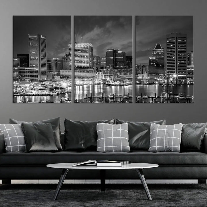 Baltimore City Lights Night Skyline Canvas Black and White Wall Art Print