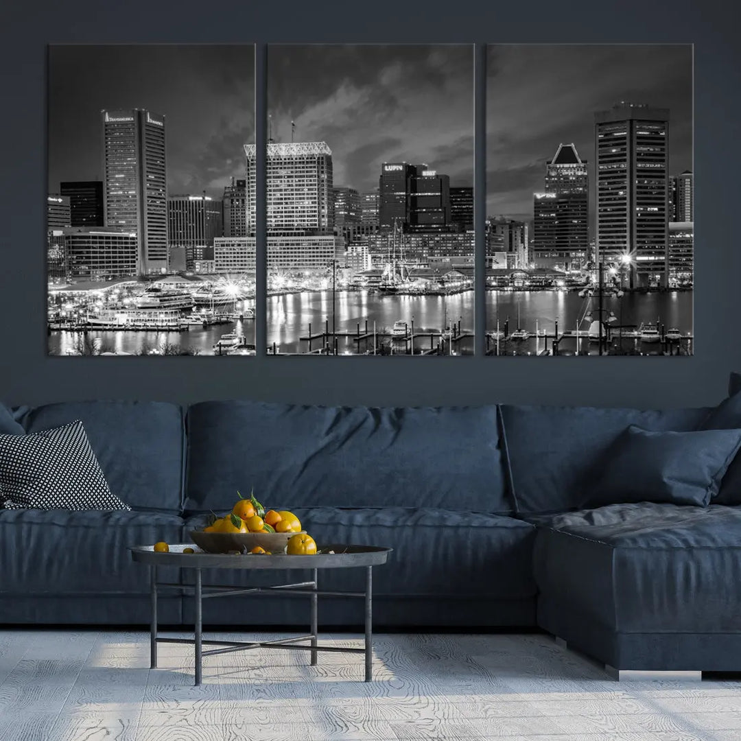 Baltimore City Lights Night Skyline Canvas Black and White Wall Art Print