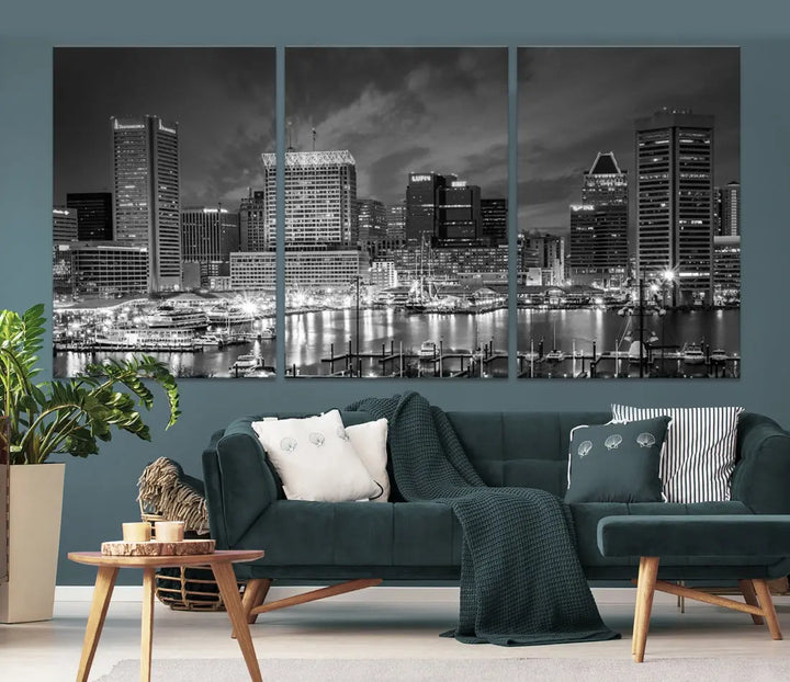 Baltimore City Lights Night Skyline Canvas Black and White Wall Art Print