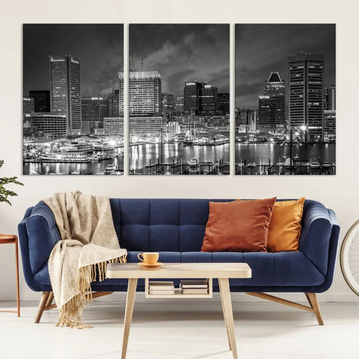 Baltimore City Lights Night Skyline Canvas Black and White Wall Art Print