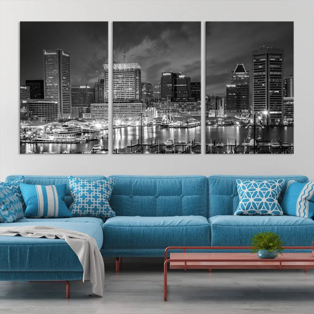 Baltimore City Lights Night Skyline Canvas Black and White Wall Art Print