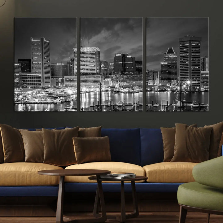 Baltimore City Lights Night Skyline Canvas Black and White Wall Art Print