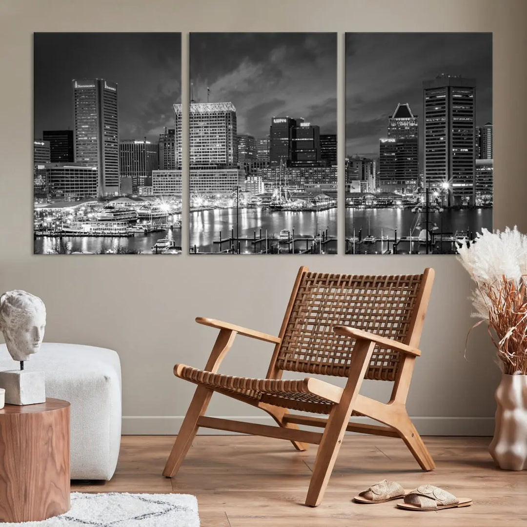 Baltimore City Lights Night Skyline Canvas Black and White Wall Art Print