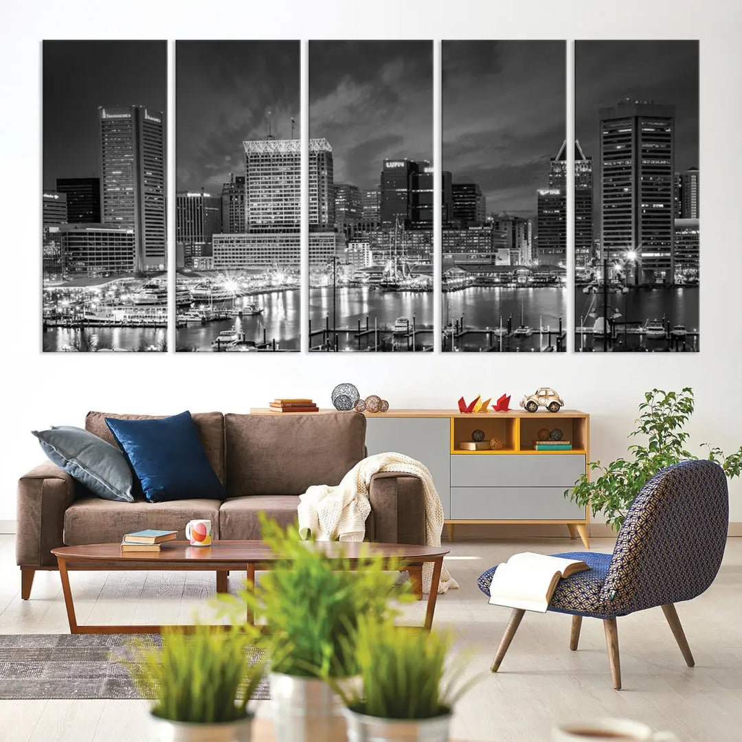 Baltimore City Lights Night Skyline Canvas Black and White Wall Art Print