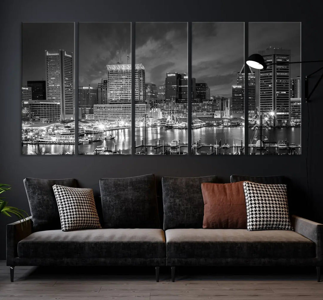 Baltimore City Lights Night Skyline Canvas Black and White Wall Art Print