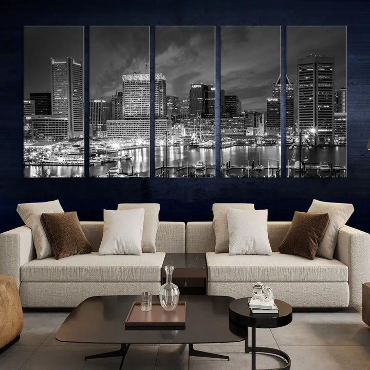 Baltimore City Lights Night Skyline Canvas Black and White Wall Art Print