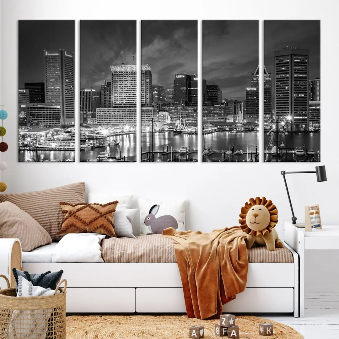 Baltimore City Lights Night Skyline Canvas Black and White Wall Art Print