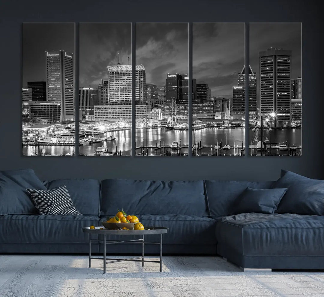 Baltimore City Lights Night Skyline Canvas Black and White Wall Art Print