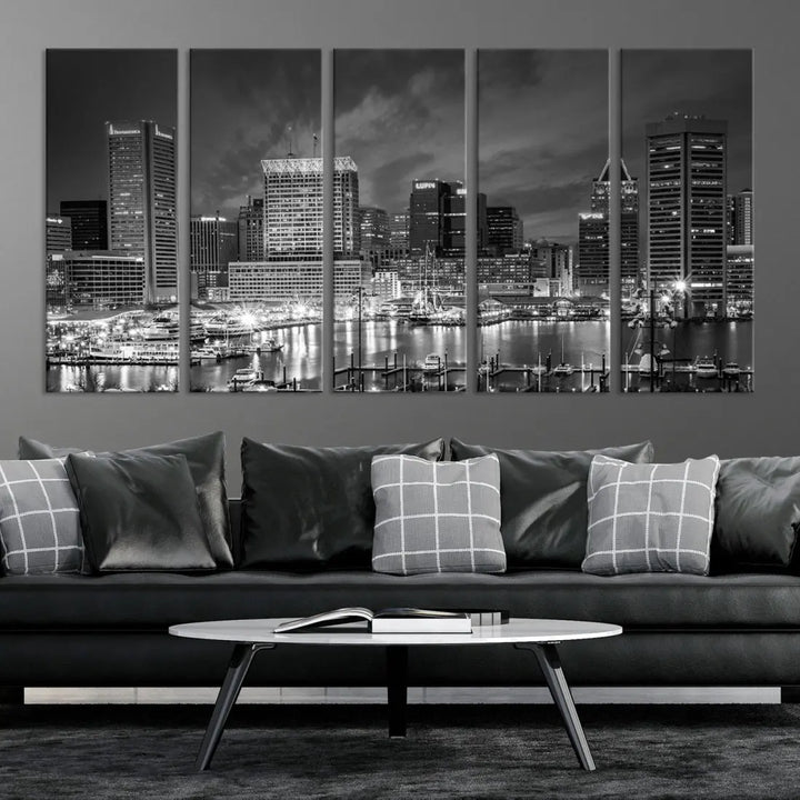 Baltimore City Lights Night Skyline Canvas Black and White Wall Art Print