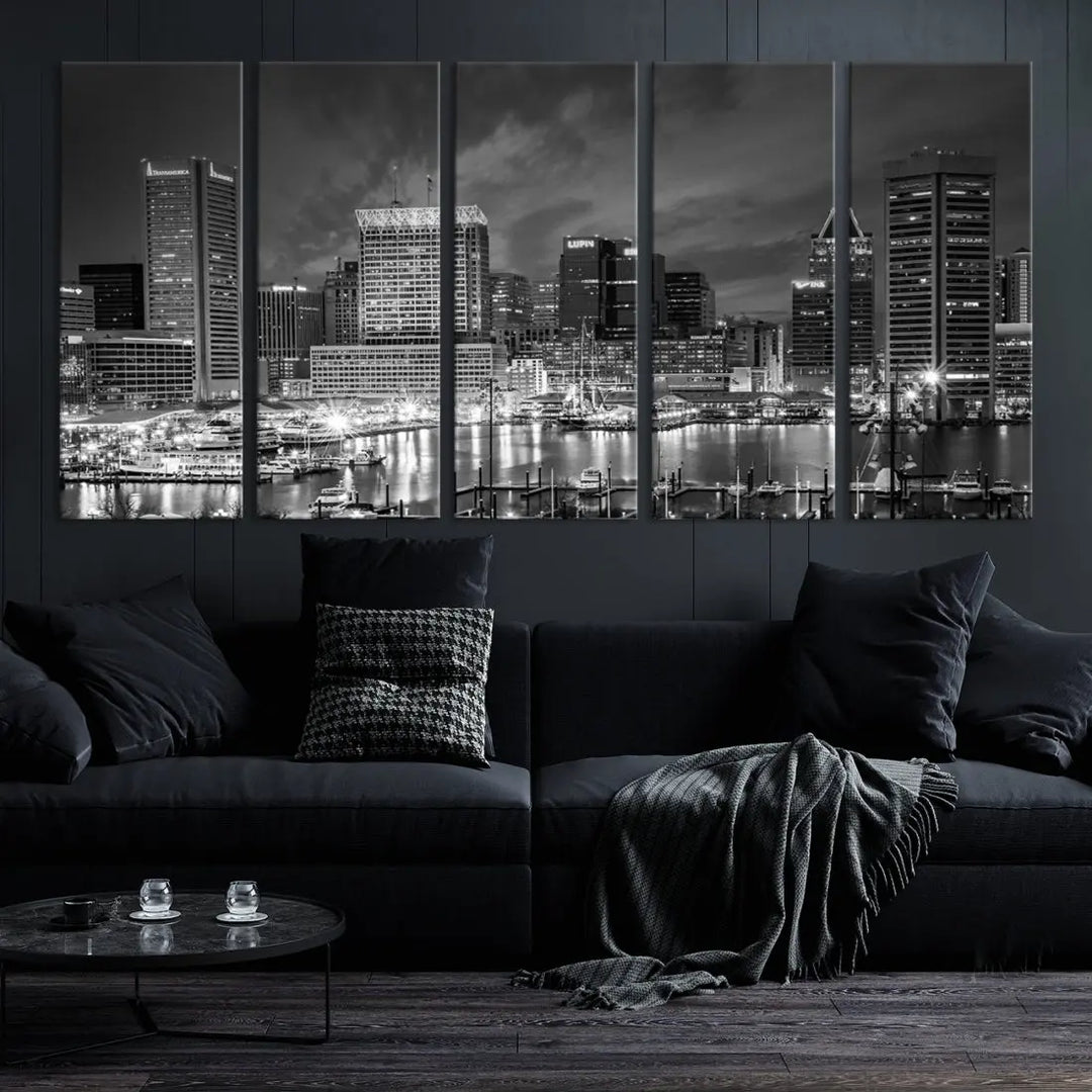 Baltimore City Lights Night Skyline Canvas Black and White Wall Art Print