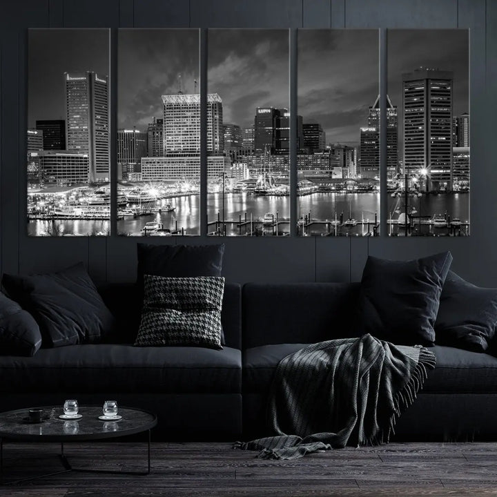 Baltimore City Lights Night Skyline Canvas Black and White Wall Art Print