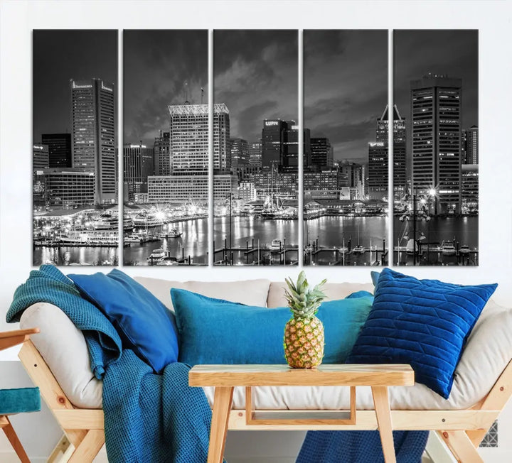 Baltimore City Lights Night Skyline Canvas Black and White Wall Art Print