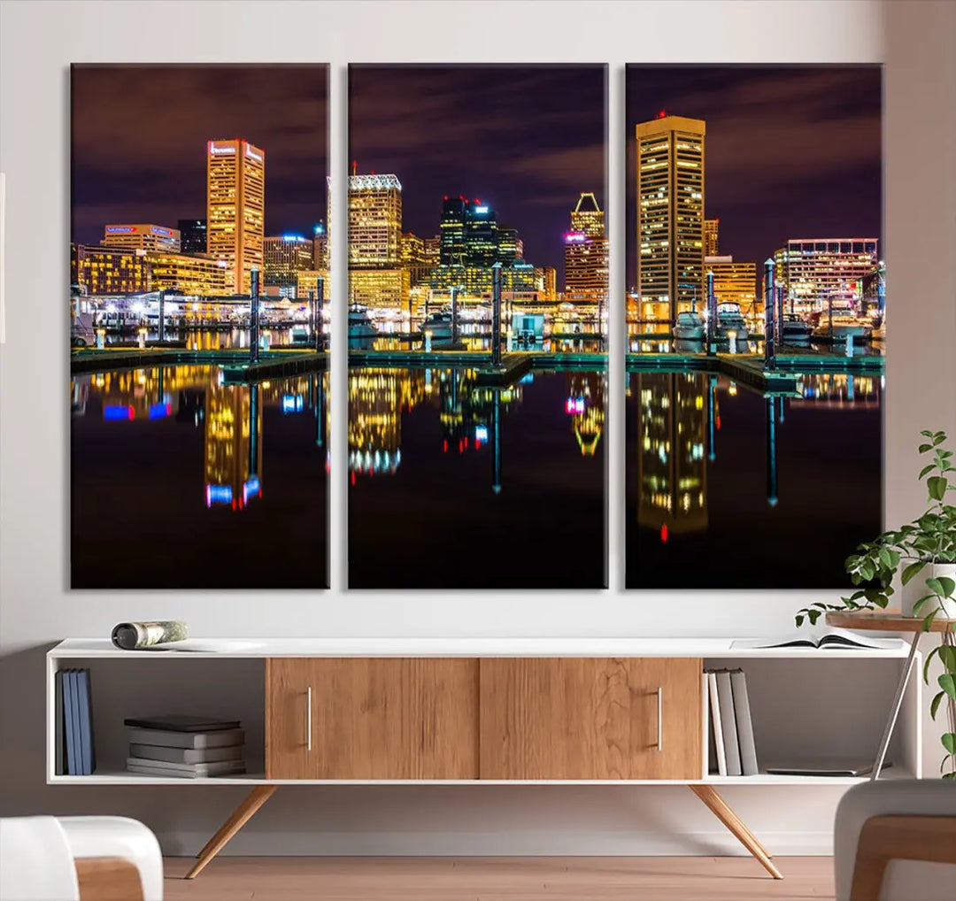 Baltimore City Night Skyline Purple Cityscape Large Wall Art Canvas Print