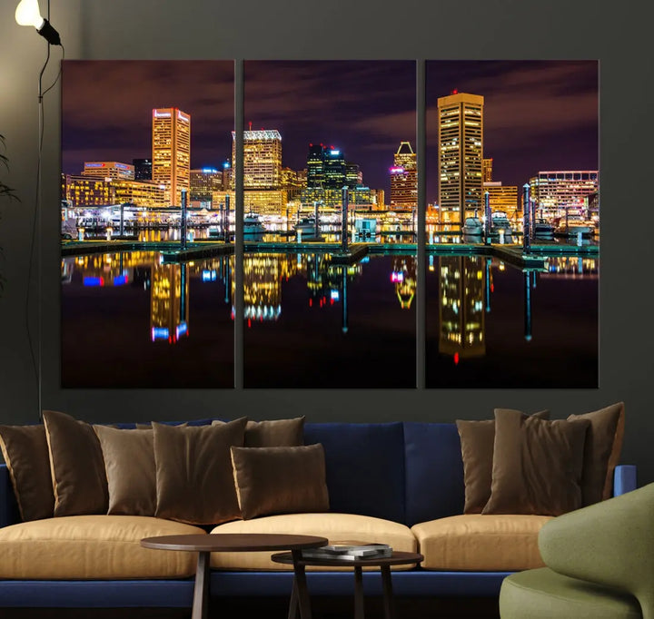 Baltimore City Night Skyline Purple Cityscape Large Wall Art Canvas Print