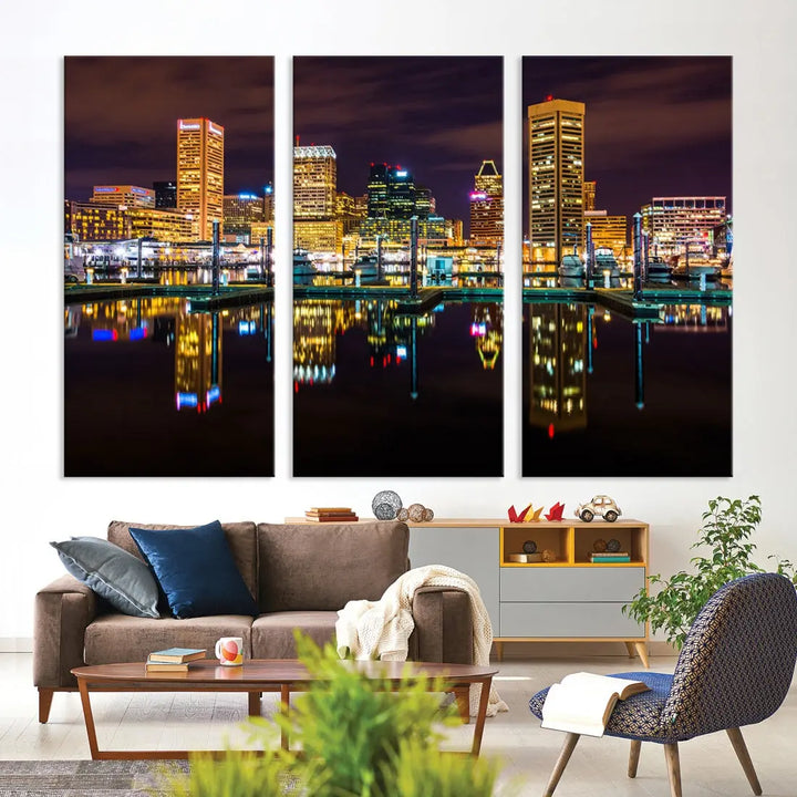 Baltimore City Night Skyline Purple Cityscape Large Wall Art Canvas Print