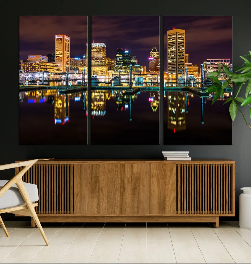 Baltimore City Night Skyline Purple Cityscape Large Wall Art Canvas Print