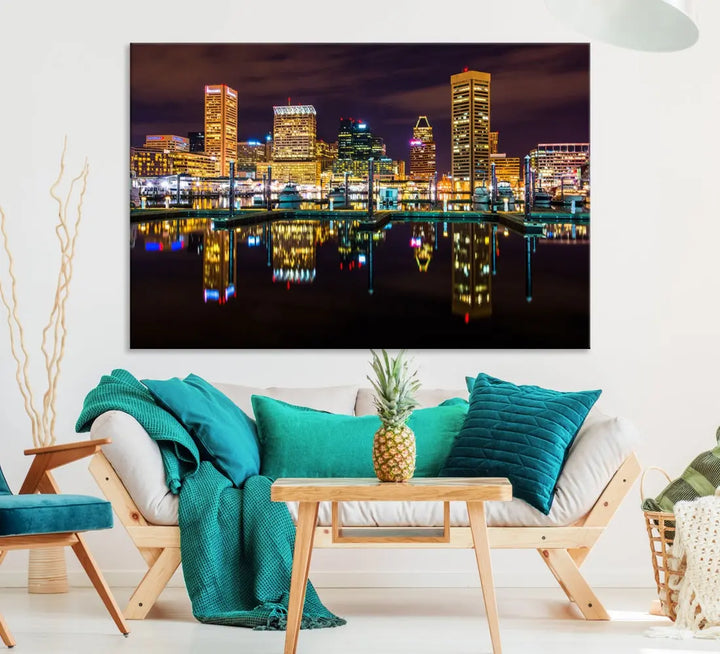 Baltimore City Night Skyline Purple Cityscape Large Wall Art Canvas Print