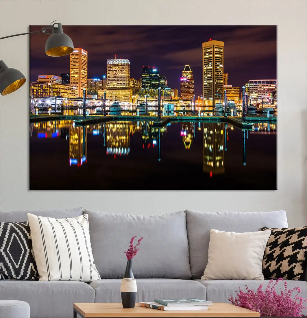 Baltimore City Night Skyline Purple Cityscape Large Wall Art Canvas Print