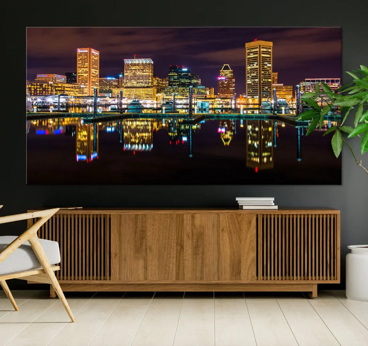 Baltimore City Night Skyline Purple Cityscape Large Wall Art Canvas Print