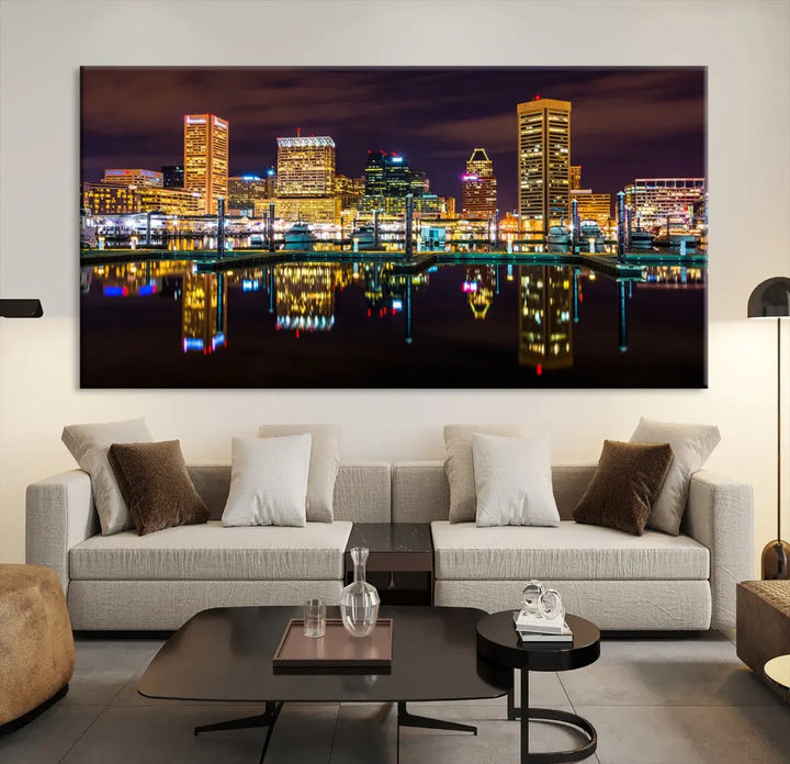 Baltimore City Night Skyline Purple Cityscape Large Wall Art Canvas Print