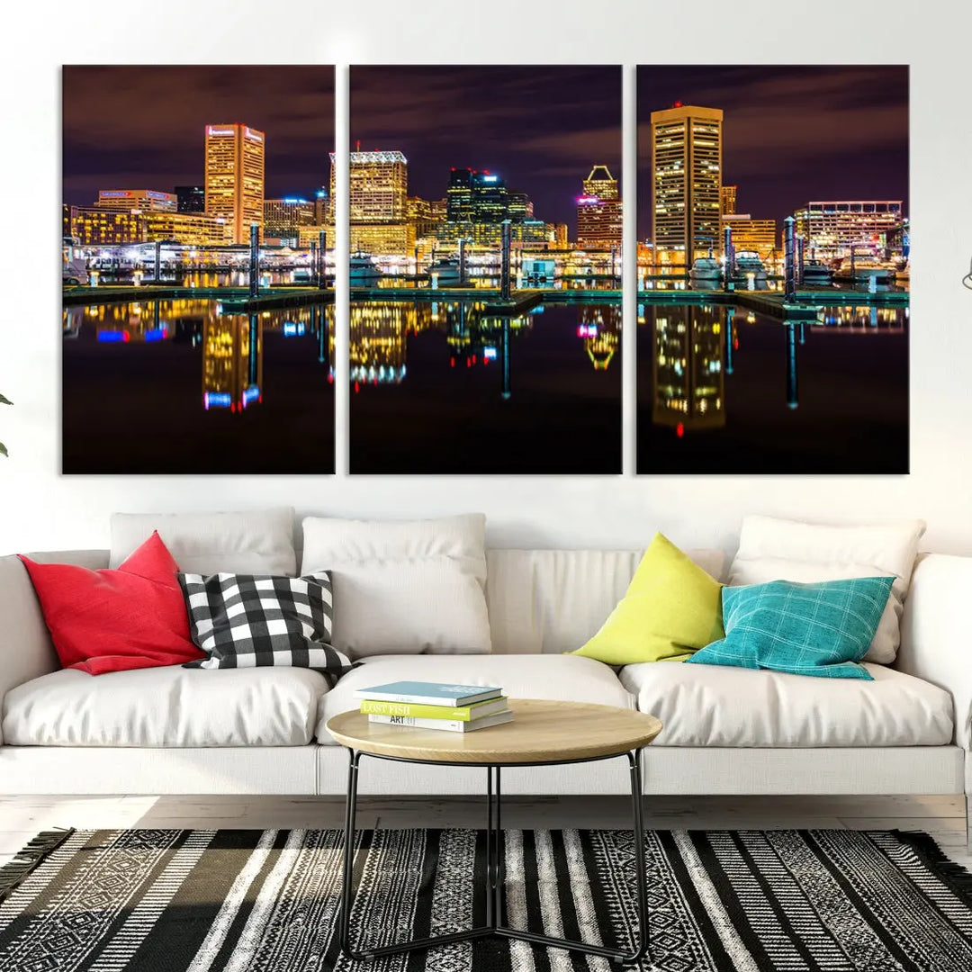 Baltimore City Night Skyline Purple Cityscape Large Wall Art Canvas Print