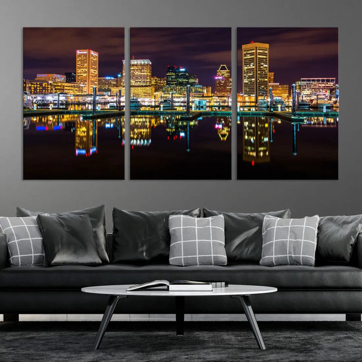 Baltimore City Night Skyline Purple Cityscape Large Wall Art Canvas Print