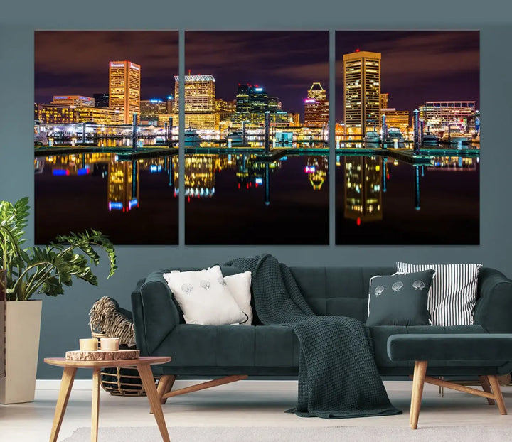 Baltimore City Night Skyline Purple Cityscape Large Wall Art Canvas Print