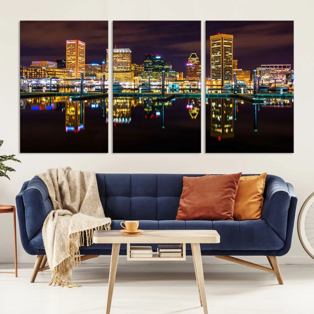 Baltimore City Night Skyline Purple Cityscape Large Wall Art Canvas Print